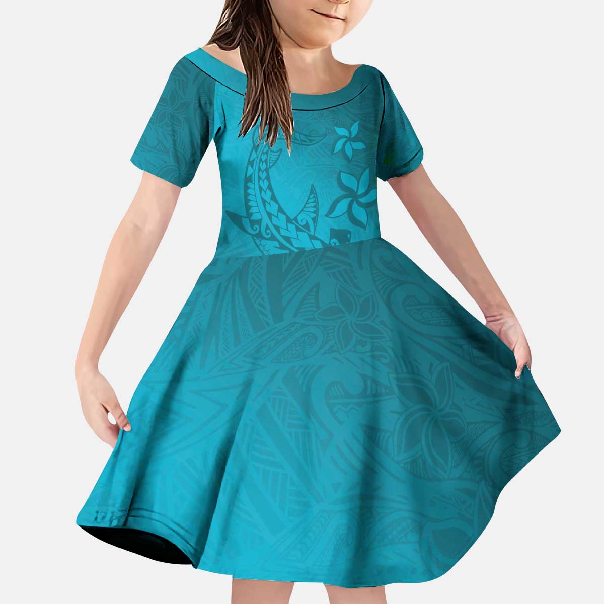 Dark Cyan Gradient Polynesia Kid Short Sleeve Dress Hawaiian Tribal Hammerhead Shark Tattoo