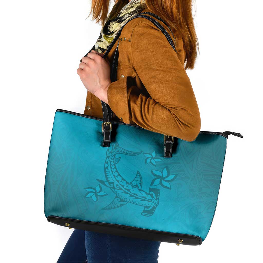 Dark Cyan Gradient Polynesia Leather Tote Bag Hawaiian Tribal Hammerhead Shark Tattoo LT14 Dark Cyan - Polynesian Pride