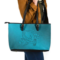 Dark Cyan Gradient Polynesia Leather Tote Bag Hawaiian Tribal Hammerhead Shark Tattoo LT14 - Polynesian Pride
