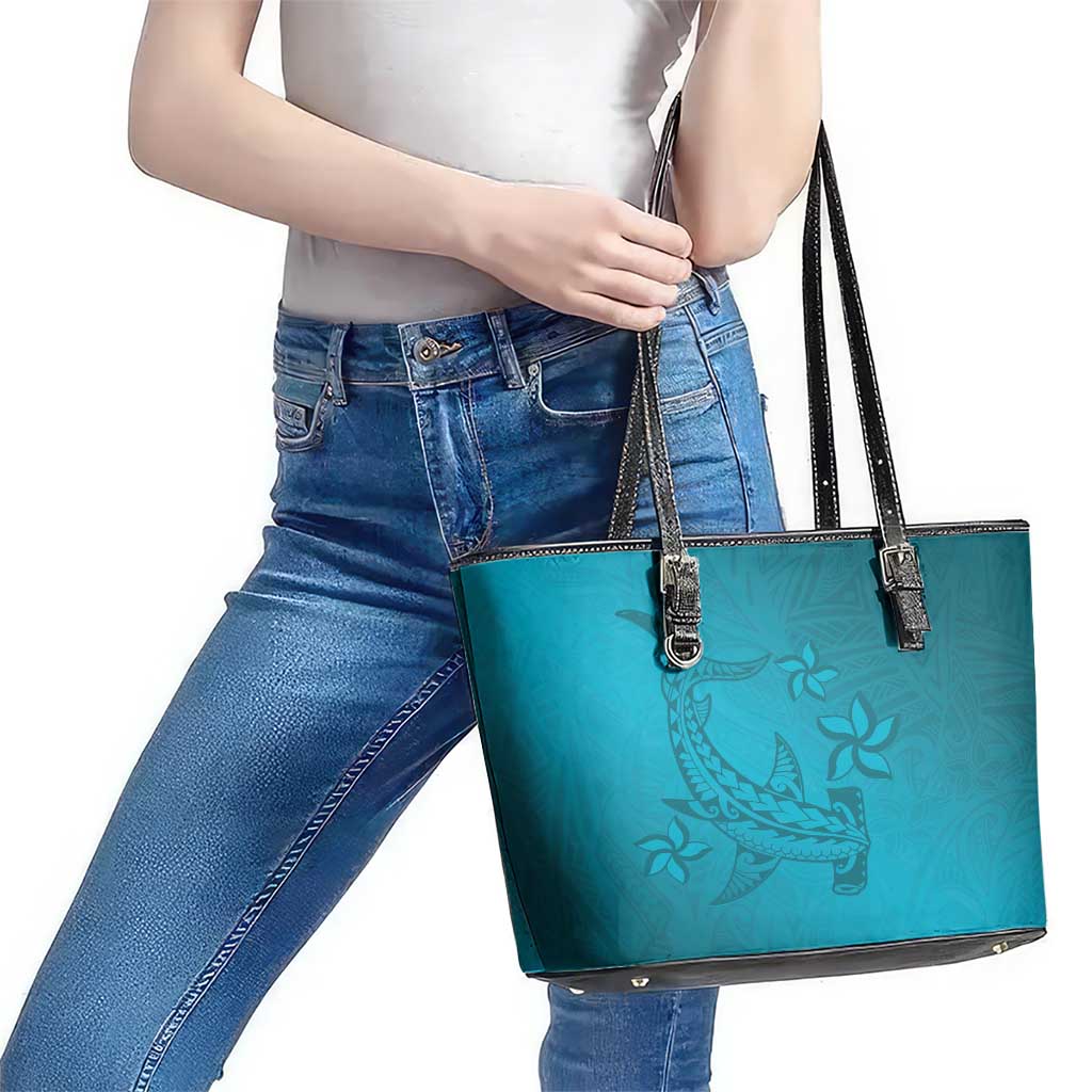 Dark Cyan Gradient Polynesia Leather Tote Bag Hawaiian Tribal Hammerhead Shark Tattoo LT14 - Polynesian Pride