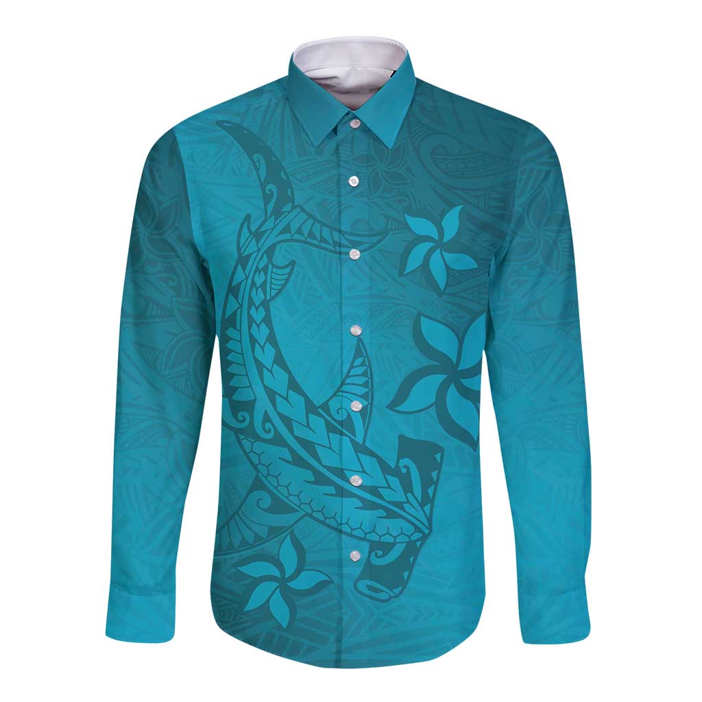 Dark Cyan Gradient Polynesia Long Sleeve Button Shirt Hawaiian Tribal Hammerhead Shark Tattoo