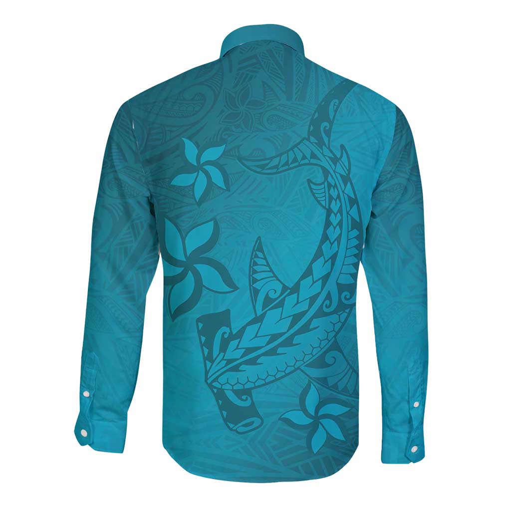 Dark Cyan Gradient Polynesia Long Sleeve Button Shirt Hawaiian Tribal Hammerhead Shark Tattoo