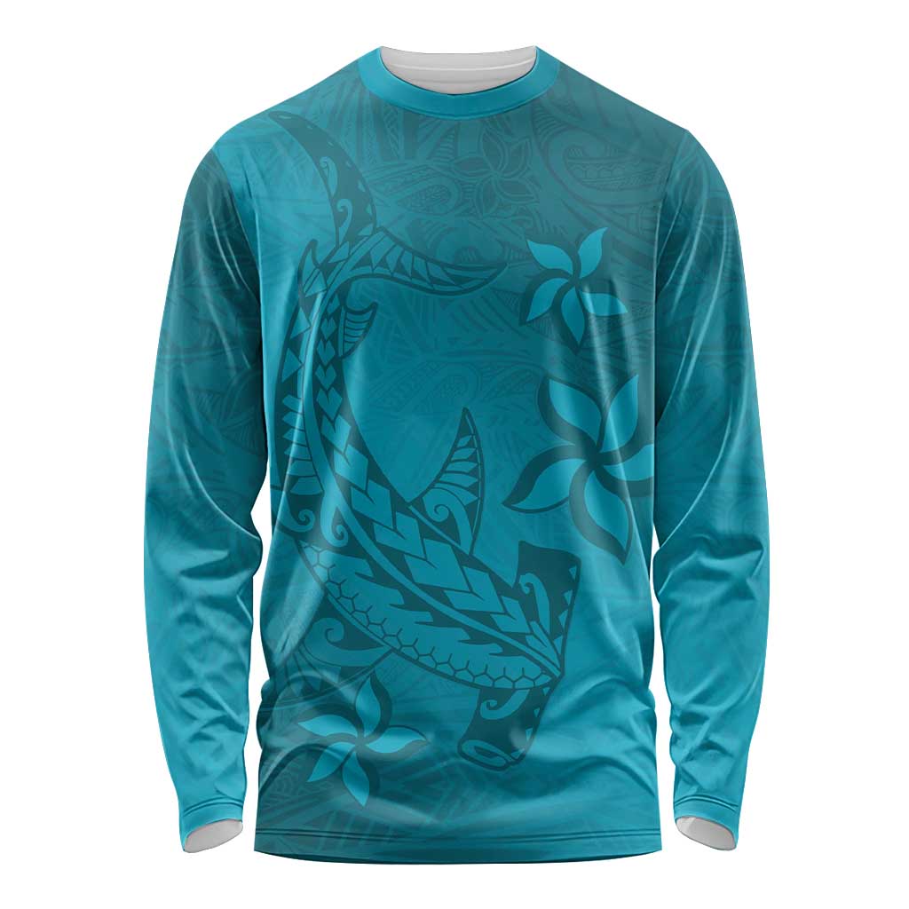 Dark Cyan Gradient Polynesia Long Sleeve Shirt Hawaiian Tribal Hammerhead Shark Tattoo