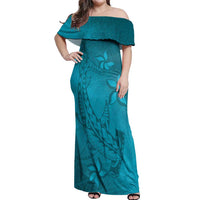 Dark Cyan Gradient Polynesia Off Shoulder Maxi Dress Hawaiian Tribal Hammerhead Shark Tattoo LT14 Women Dark Cyan - Polynesian Pride