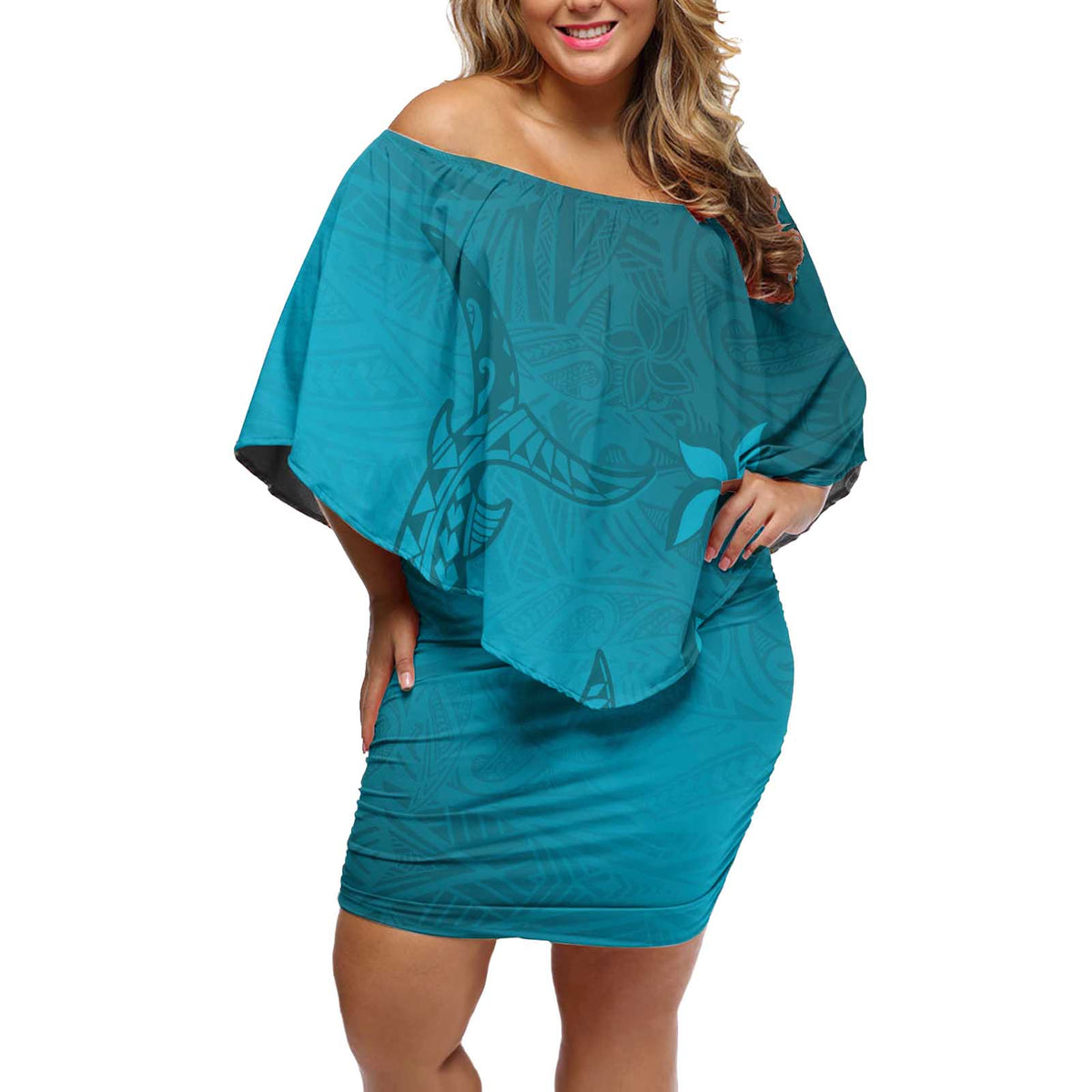 Dark Cyan Gradient Polynesia Off Shoulder Short Dress Hawaiian Tribal Hammerhead Shark Tattoo LT14 Women Dark Cyan - Polynesian Pride