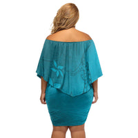 Dark Cyan Gradient Polynesia Off Shoulder Short Dress Hawaiian Tribal Hammerhead Shark Tattoo LT14 - Polynesian Pride
