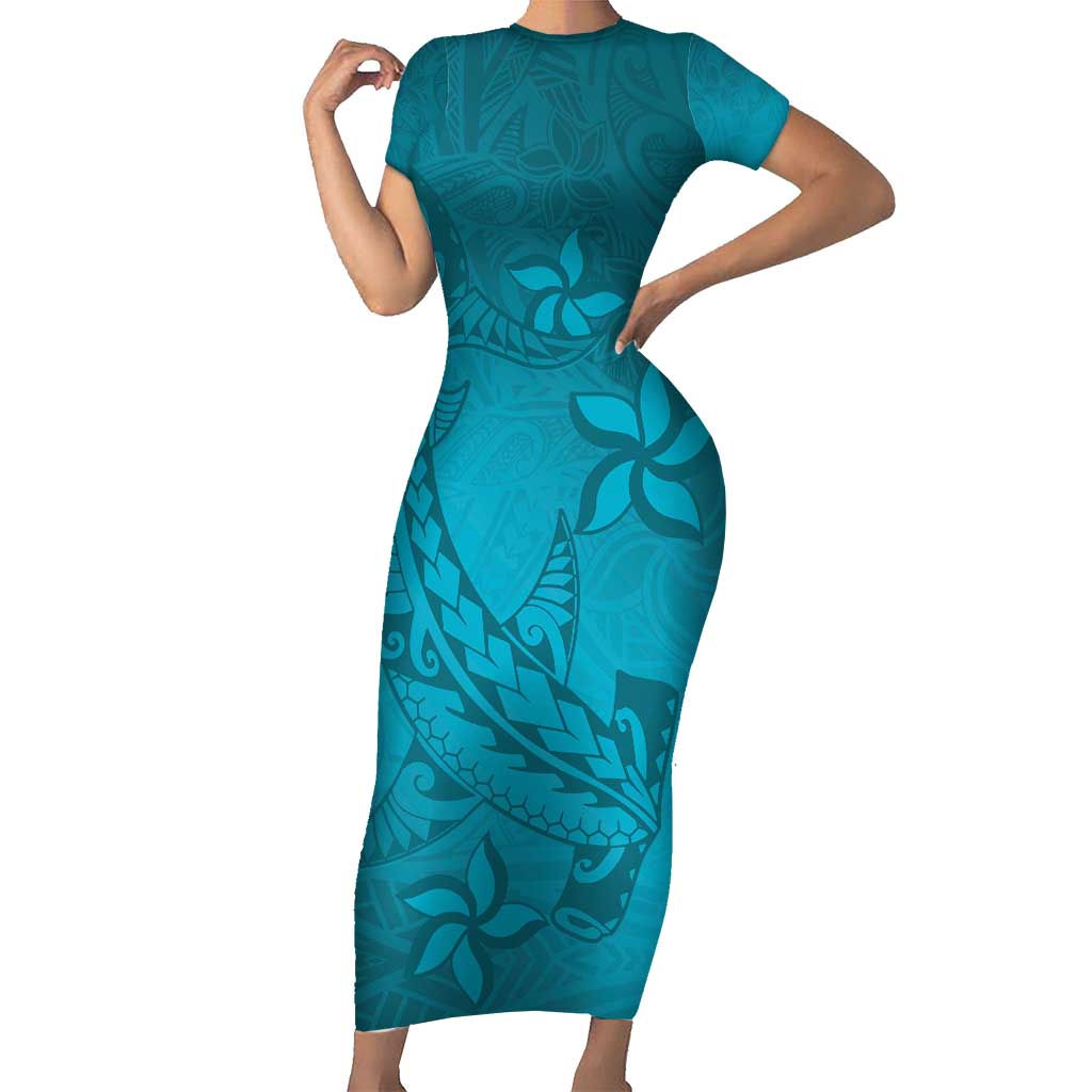 Dark Cyan Gradient Polynesia Short Sleeve Bodycon Dress Hawaiian Tribal Hammerhead Shark Tattoo