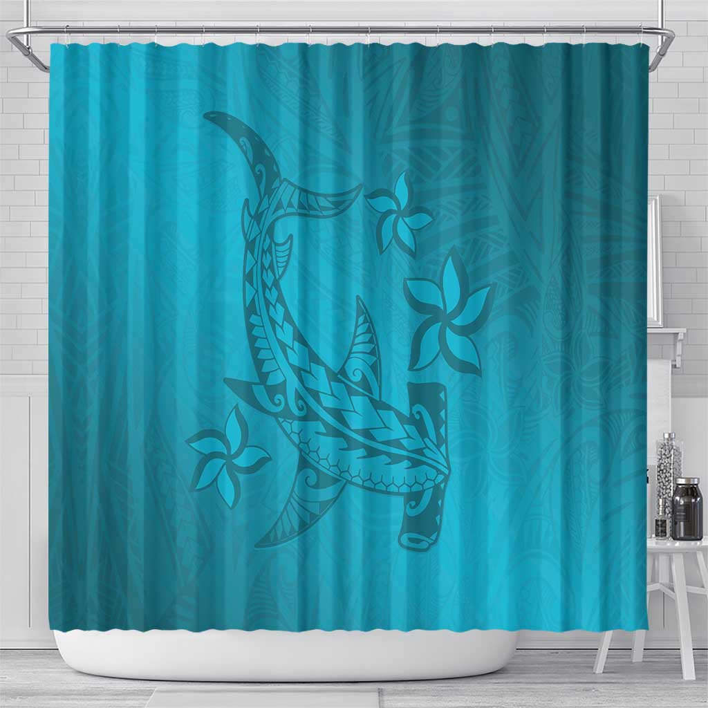 Dark Cyan Gradient Polynesia Shower Curtain Hawaiian Tribal Hammerhead Shark Tattoo