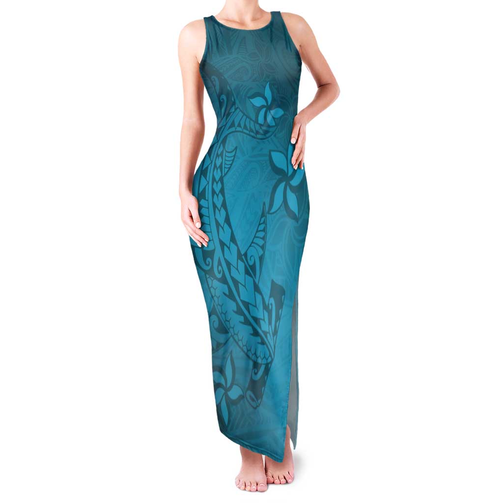 Dark Cyan Gradient Polynesia Tank Maxi Dress Hawaiian Tribal Hammerhead Shark Tattoo LT14 Women Dark Cyan - Polynesian Pride