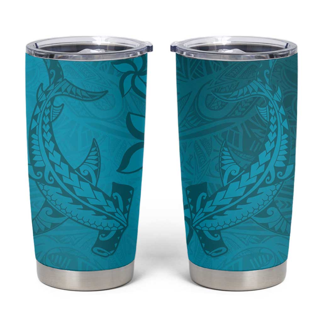 Dark Cyan Gradient Polynesia Tumbler Cup Hawaiian Tribal Hammerhead Shark Tattoo