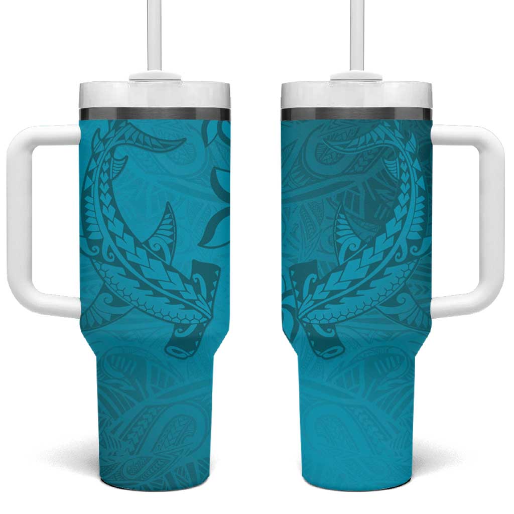 Dark Cyan Gradient Polynesia Tumbler With Handle Hawaiian Tribal Hammerhead Shark Tattoo