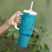 Dark Cyan Gradient Polynesia Tumbler With Handle Hawaiian Tribal Hammerhead Shark Tattoo