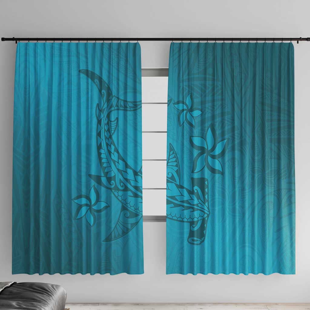 Dark Cyan Gradient Polynesia Window Curtain Hawaiian Tribal Hammerhead Shark Tattoo LT14 With Hooks Dark Cyan - Polynesian Pride