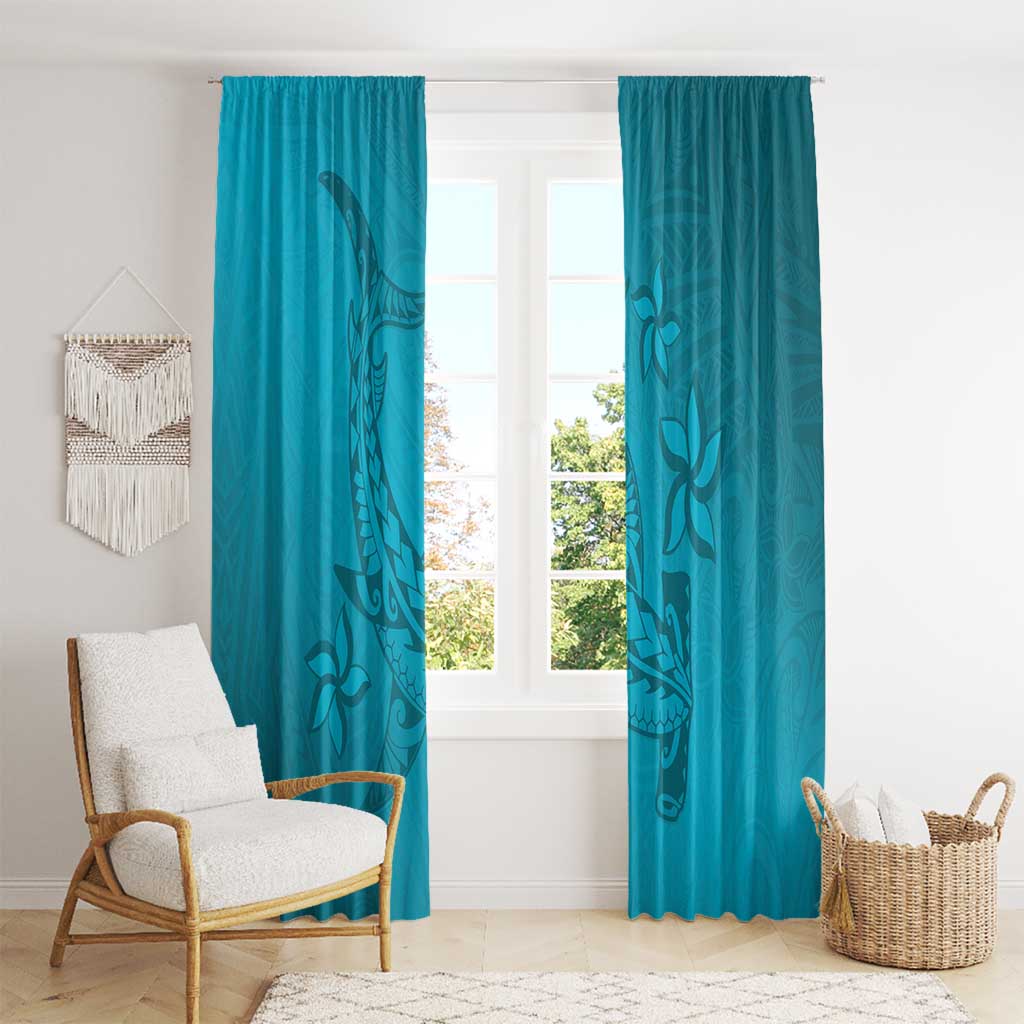 Dark Cyan Gradient Polynesia Window Curtain Hawaiian Tribal Hammerhead Shark Tattoo LT14 - Polynesian Pride