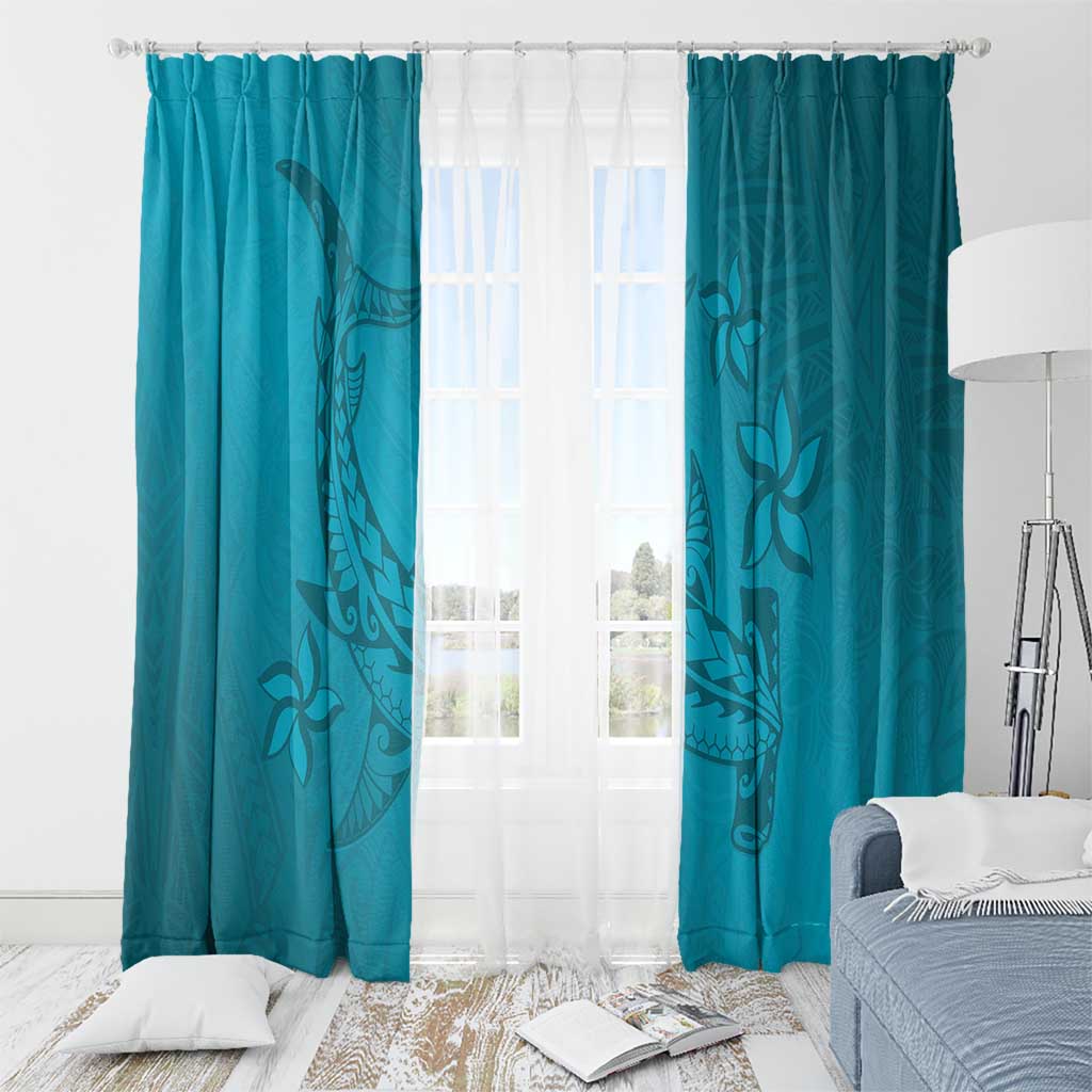 Dark Cyan Gradient Polynesia Window Curtain Hawaiian Tribal Hammerhead Shark Tattoo LT14 - Polynesian Pride