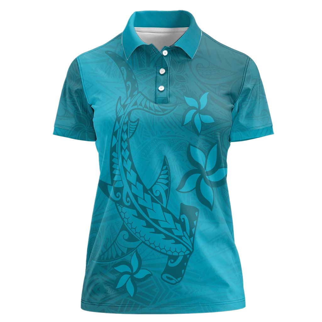 Dark Cyan Gradient Polynesia Women Polo Shirt Hawaiian Tribal Hammerhead Shark Tattoo