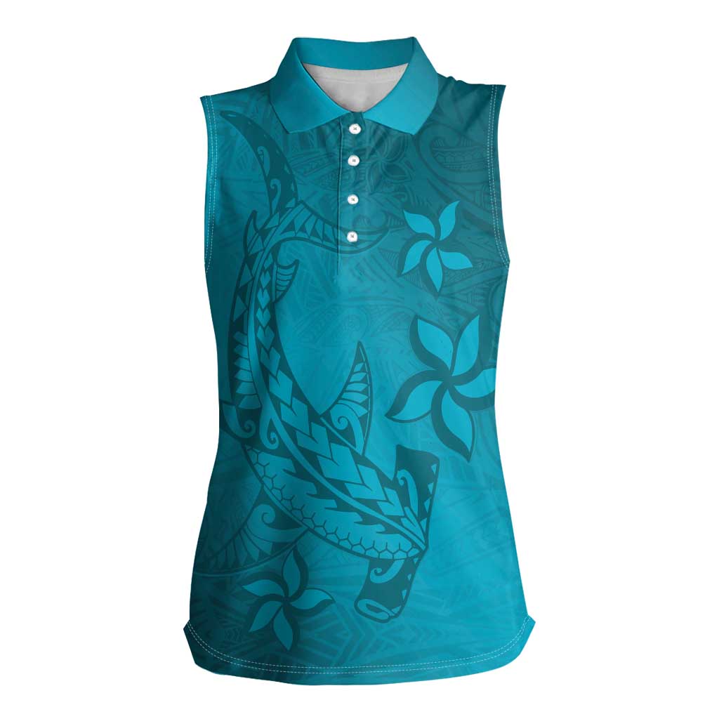 Dark Cyan Gradient Polynesia Women Sleeveless Polo Shirt Hawaiian Tribal Hammerhead Shark Tattoo