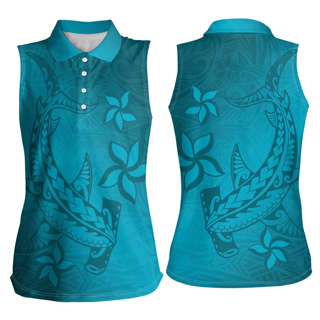 Dark Cyan Gradient Polynesia Women Sleeveless Polo Shirt Hawaiian Tribal Hammerhead Shark Tattoo