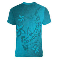 Dark Cyan Gradient Polynesia Women V-Neck T-Shirt Hawaiian Tribal Hammerhead Shark Tattoo