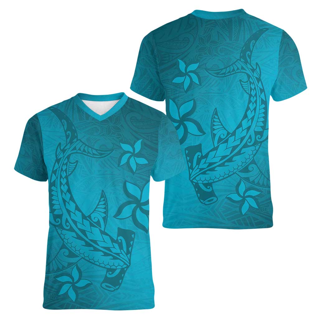Dark Cyan Gradient Polynesia Women V-Neck T-Shirt Hawaiian Tribal Hammerhead Shark Tattoo
