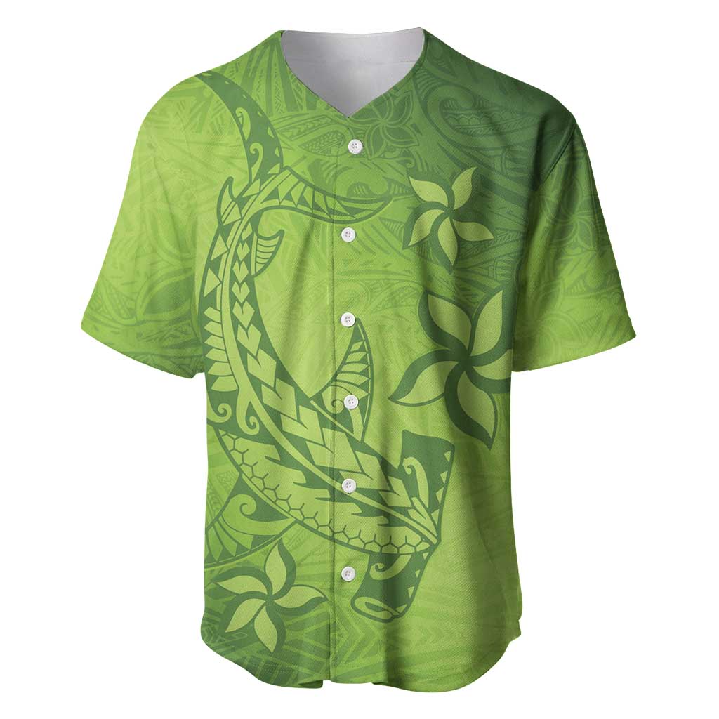 Green Gradient Polynesia Baseball Jersey Hawaiian Tribal Hammerhead Shark Tattoo