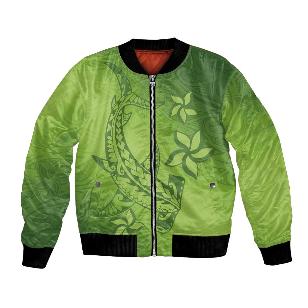 Green Gradient Polynesia Bomber Jacket Hawaiian Tribal Hammerhead Shark Tattoo