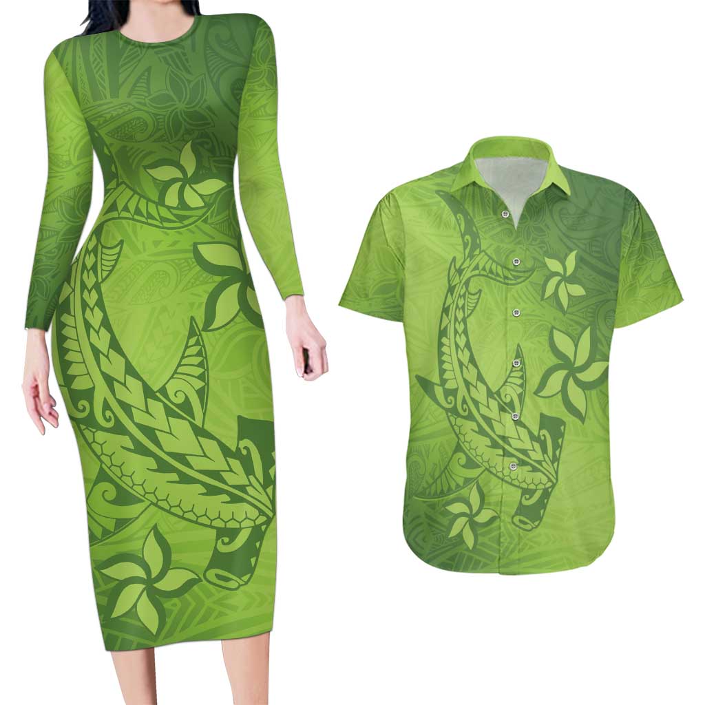 Green Gradient Polynesia Couples Matching Long Sleeve Bodycon Dress and Hawaiian Shirt Hawaiian Tribal Hammerhead Shark Tattoo LT14 Green - Polynesian Pride