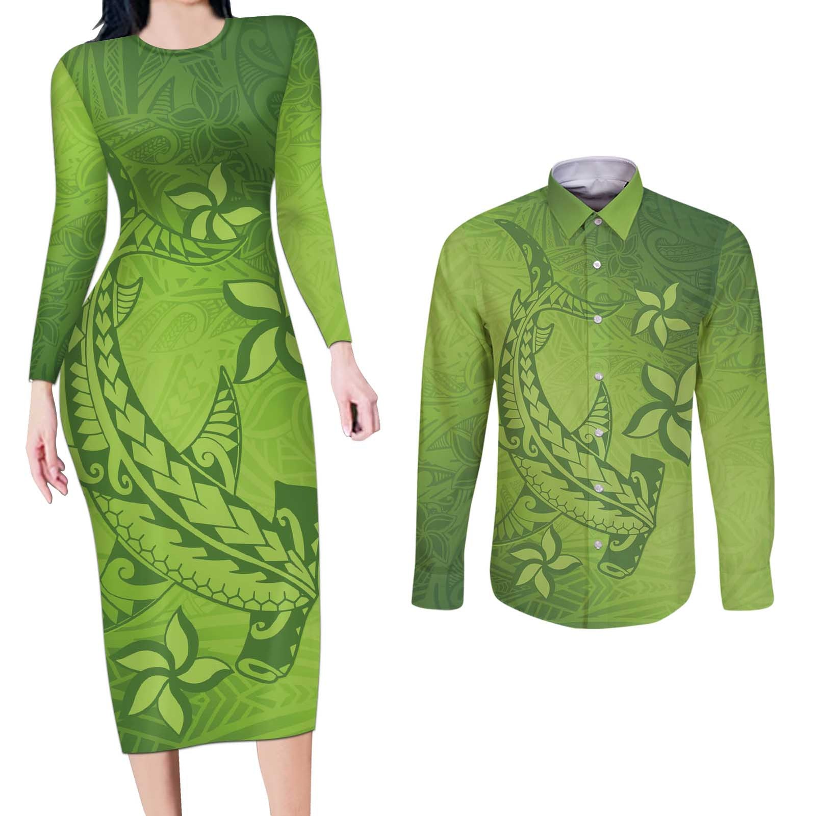 Green Gradient Polynesia Couples Matching Long Sleeve Bodycon Dress and Long Sleeve Button Shirt Hawaiian Tribal Hammerhead Shark Tattoo LT14 Green - Polynesian Pride