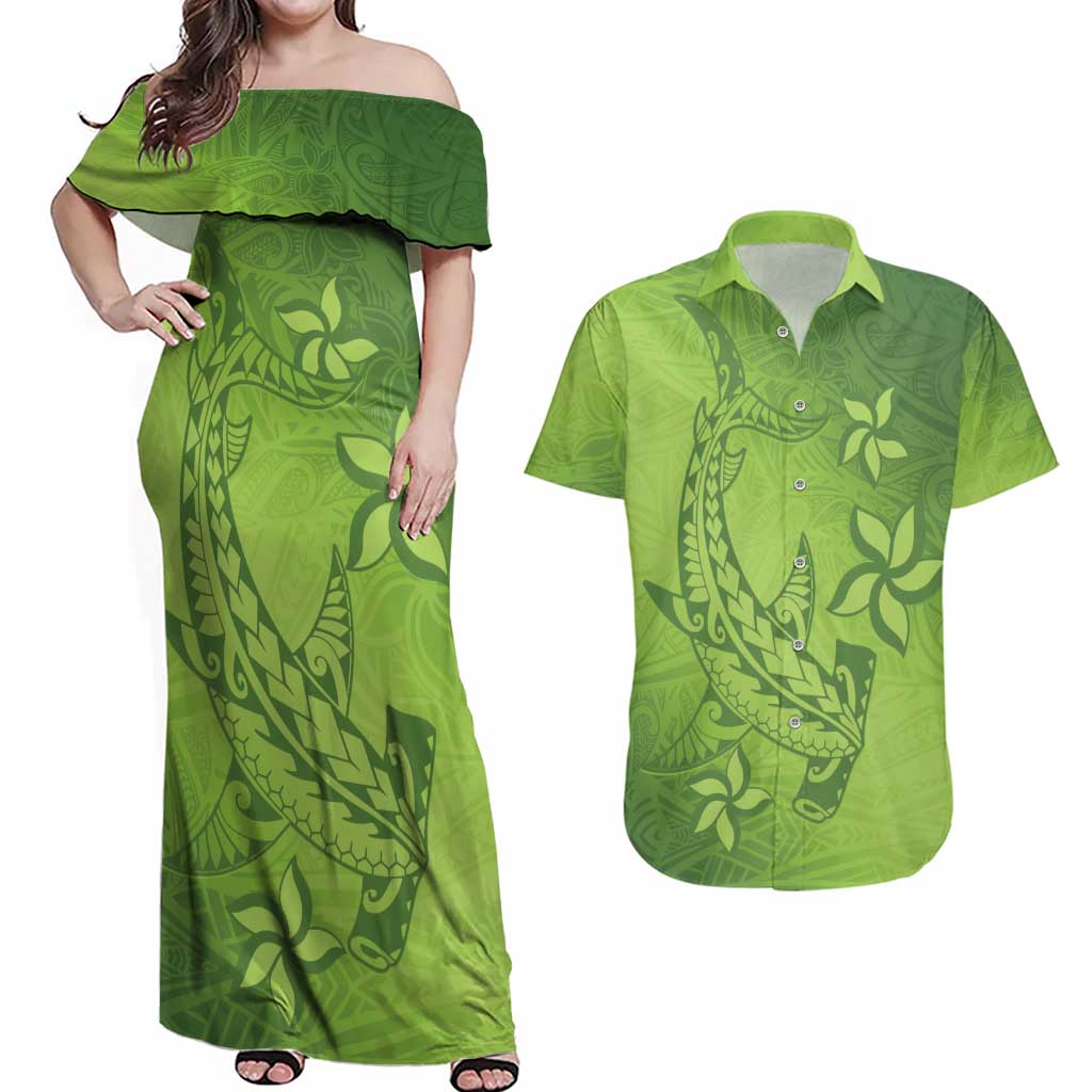 Green Gradient Polynesia Couples Matching Off Shoulder Maxi Dress and Hawaiian Shirt Hawaiian Tribal Hammerhead Shark Tattoo