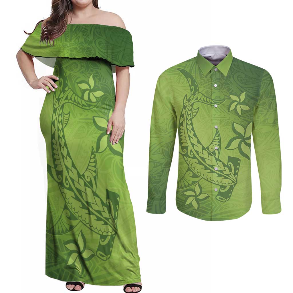 Green Gradient Polynesia Couples Matching Off Shoulder Maxi Dress and Long Sleeve Button Shirt Hawaiian Tribal Hammerhead Shark Tattoo LT14 Green - Polynesian Pride
