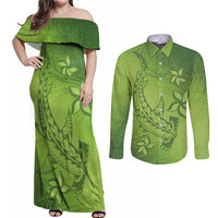 Green Gradient Polynesia Couples Matching Off Shoulder Maxi Dress and Long Sleeve Button Shirt Hawaiian Tribal Hammerhead Shark Tattoo LT14 Green - Polynesian Pride