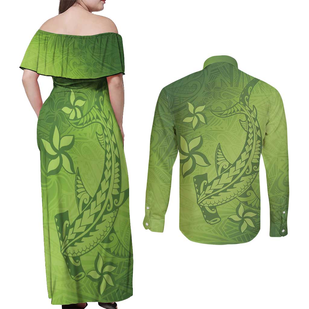 Green Gradient Polynesia Couples Matching Off Shoulder Maxi Dress and Long Sleeve Button Shirt Hawaiian Tribal Hammerhead Shark Tattoo LT14 - Polynesian Pride