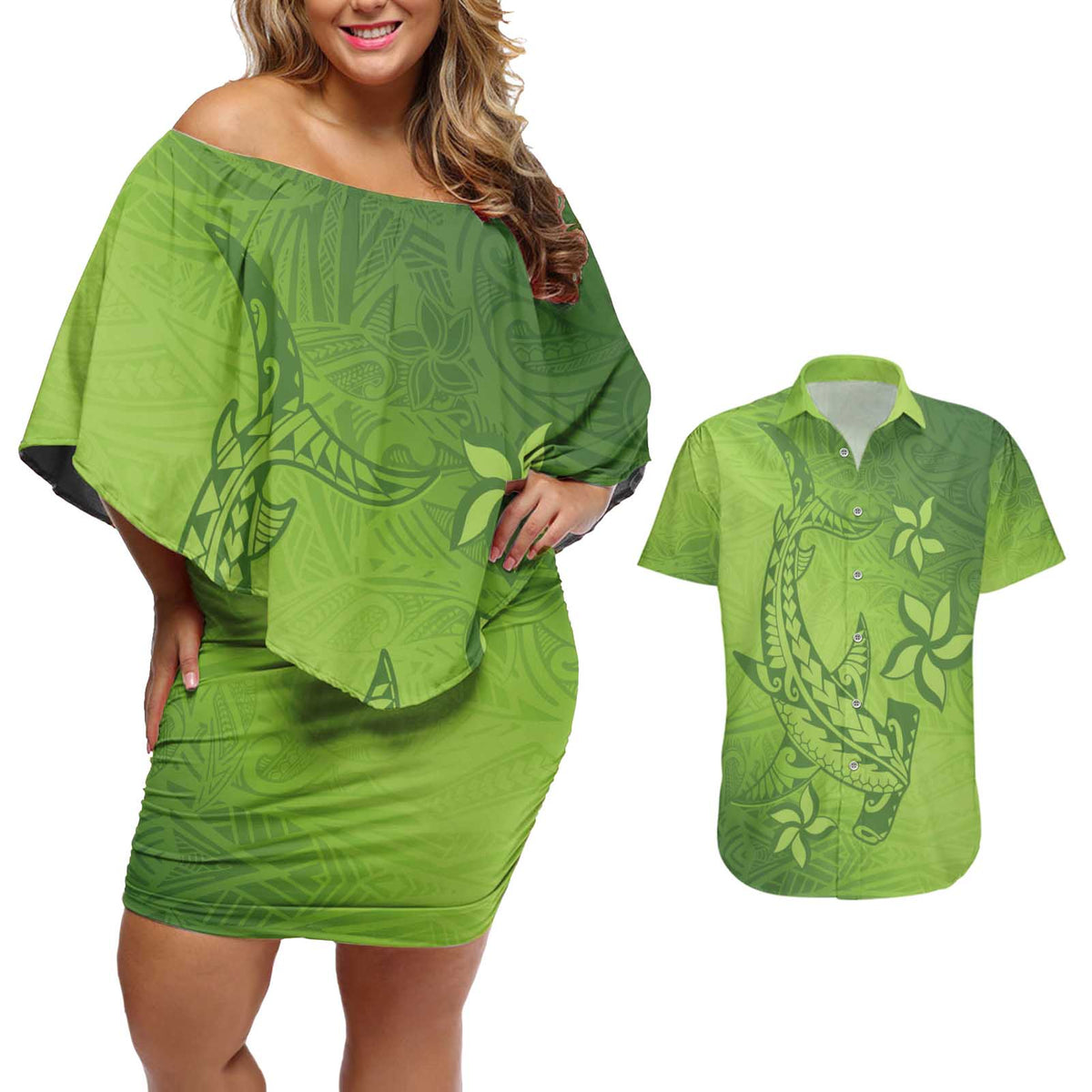 Green Gradient Polynesia Couples Matching Off Shoulder Short Dress and Hawaiian Shirt Hawaiian Tribal Hammerhead Shark Tattoo LT14 Green - Polynesian Pride