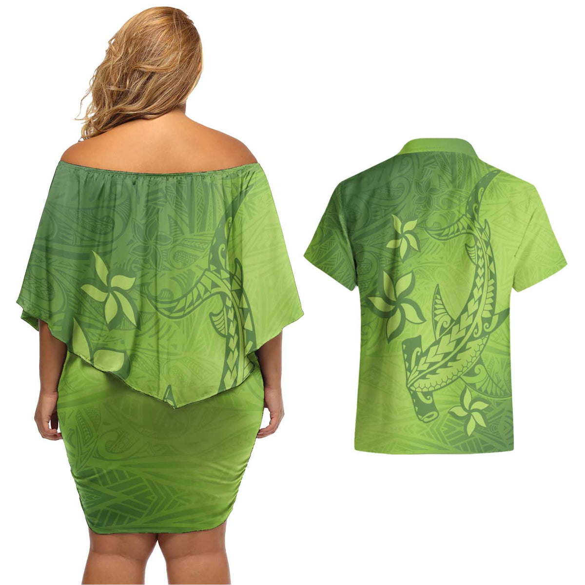 Green Gradient Polynesia Couples Matching Off Shoulder Short Dress and Hawaiian Shirt Hawaiian Tribal Hammerhead Shark Tattoo LT14 - Polynesian Pride