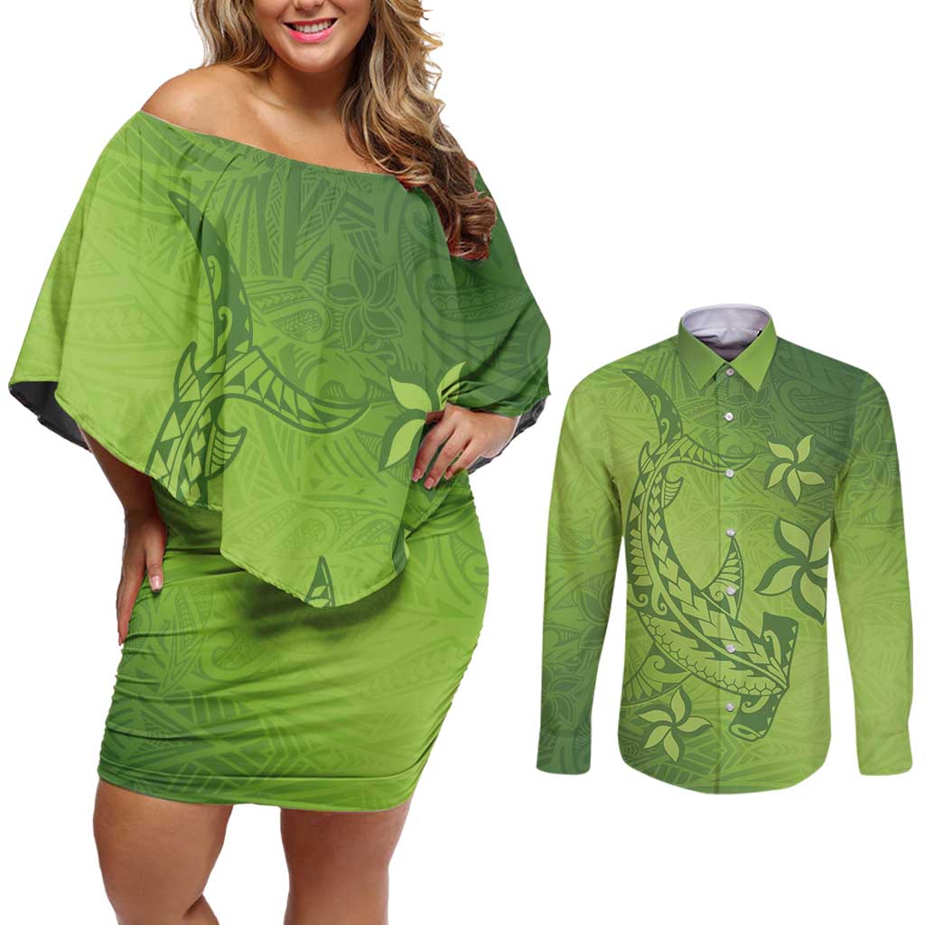 Green Gradient Polynesia Couples Matching Off Shoulder Short Dress and Long Sleeve Button Shirt Hawaiian Tribal Hammerhead Shark Tattoo LT14 Green - Polynesian Pride
