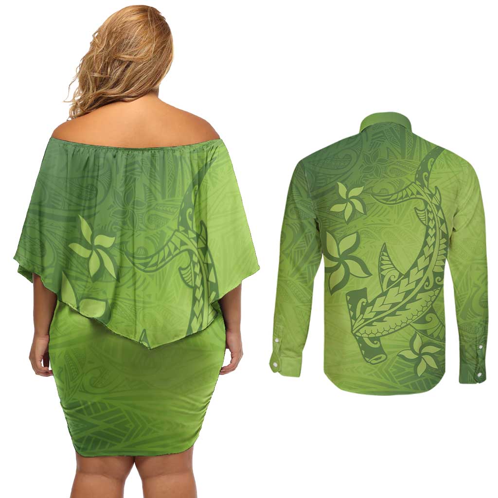Green Gradient Polynesia Couples Matching Off Shoulder Short Dress and Long Sleeve Button Shirt Hawaiian Tribal Hammerhead Shark Tattoo LT14 - Polynesian Pride