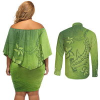Green Gradient Polynesia Couples Matching Off Shoulder Short Dress and Long Sleeve Button Shirt Hawaiian Tribal Hammerhead Shark Tattoo LT14 - Polynesian Pride