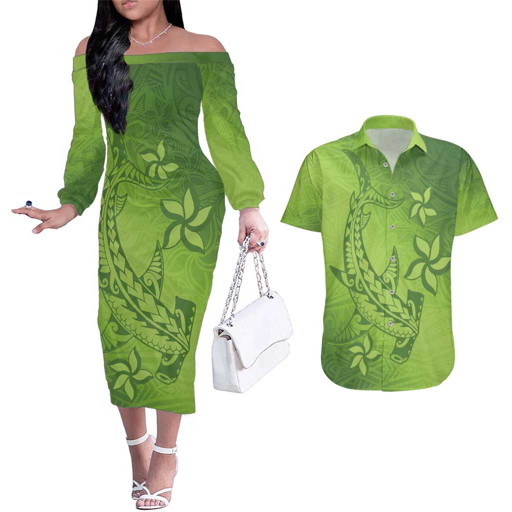 Green Gradient Polynesia Couples Matching Off The Shoulder Long Sleeve Dress and Hawaiian Shirt Hawaiian Tribal Hammerhead Shark Tattoo LT14 Green - Polynesian Pride