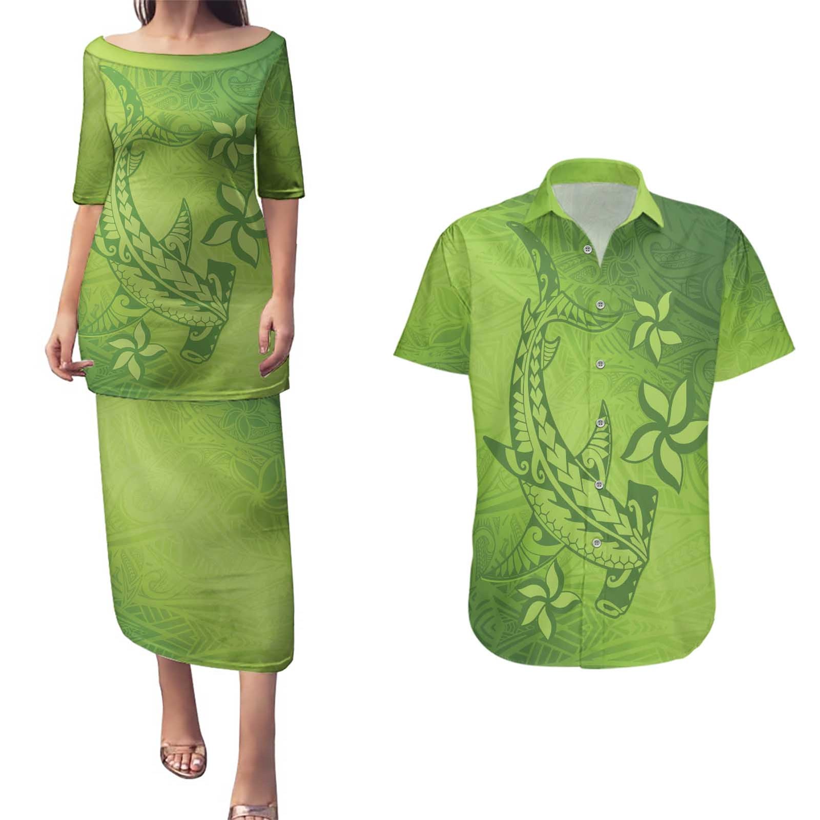 Green Gradient Polynesia Couples Matching Puletasi and Hawaiian Shirt Hawaiian Tribal Hammerhead Shark Tattoo LT14 Green - Polynesian Pride