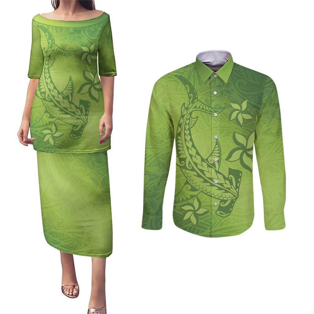 Green Gradient Polynesia Couples Matching Puletasi and Long Sleeve Button Shirt Hawaiian Tribal Hammerhead Shark Tattoo LT14 Green - Polynesian Pride