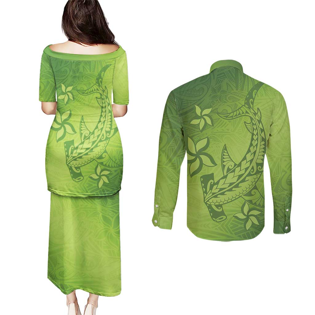 Green Gradient Polynesia Couples Matching Puletasi and Long Sleeve Button Shirt Hawaiian Tribal Hammerhead Shark Tattoo LT14 - Polynesian Pride