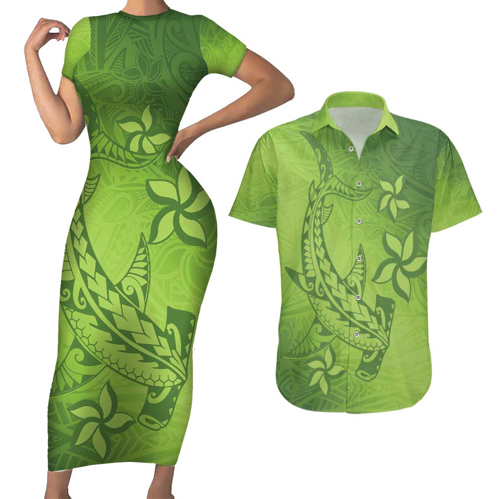 Green Gradient Polynesia Couples Matching Short Sleeve Bodycon Dress and Hawaiian Shirt Hawaiian Tribal Hammerhead Shark Tattoo