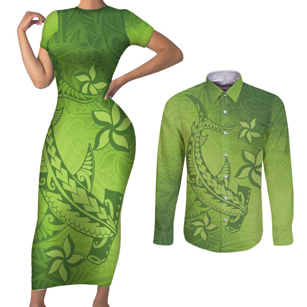 Green Gradient Polynesia Couples Matching Short Sleeve Bodycon Dress and Long Sleeve Button Shirt Hawaiian Tribal Hammerhead Shark Tattoo LT14 Green - Polynesian Pride