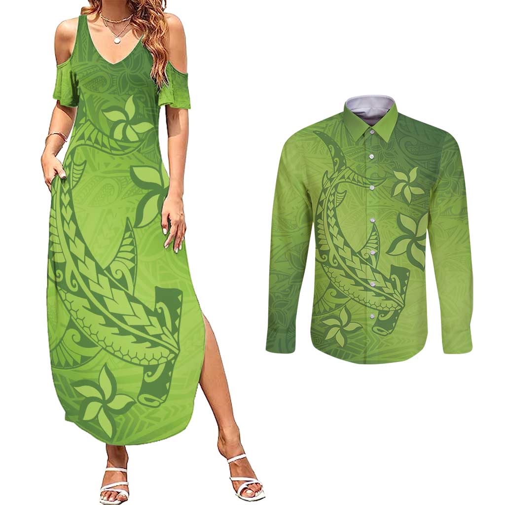 Green Gradient Polynesia Couples Matching Summer Maxi Dress and Long Sleeve Button Shirt Hawaiian Tribal Hammerhead Shark Tattoo LT14 Green - Polynesian Pride