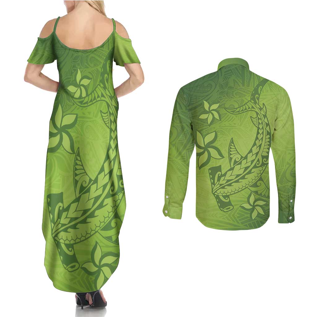 Green Gradient Polynesia Couples Matching Summer Maxi Dress and Long Sleeve Button Shirt Hawaiian Tribal Hammerhead Shark Tattoo LT14 - Polynesian Pride