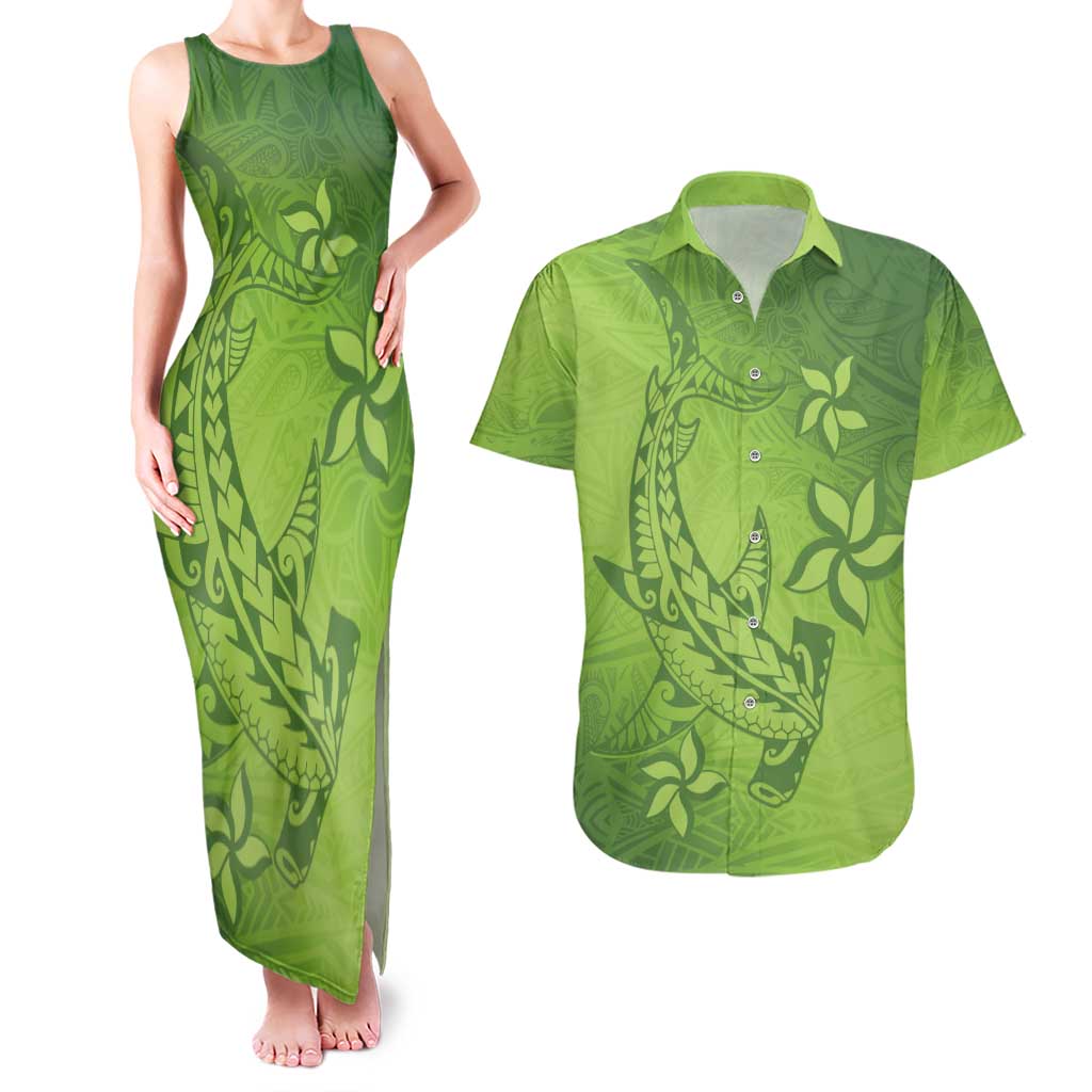 Green Gradient Polynesia Couples Matching Tank Maxi Dress and Hawaiian Shirt Hawaiian Tribal Hammerhead Shark Tattoo LT14 Green - Polynesian Pride