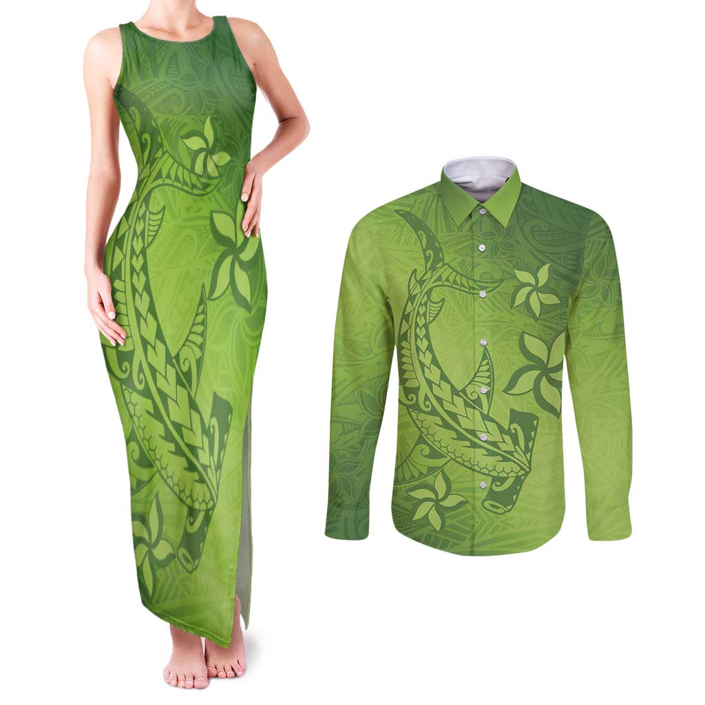 Green Gradient Polynesia Couples Matching Tank Maxi Dress and Long Sleeve Button Shirt Hawaiian Tribal Hammerhead Shark Tattoo LT14 Green - Polynesian Pride