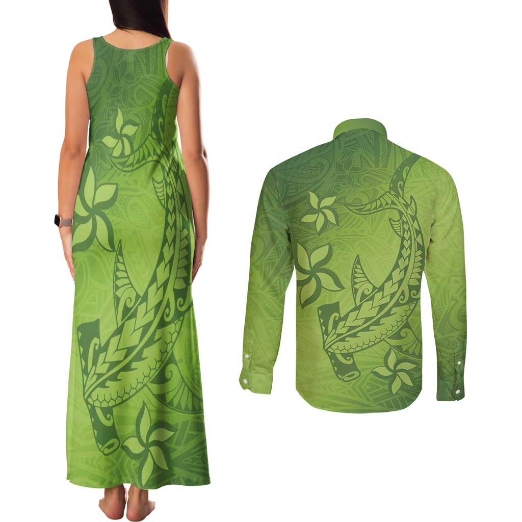 Green Gradient Polynesia Couples Matching Tank Maxi Dress and Long Sleeve Button Shirt Hawaiian Tribal Hammerhead Shark Tattoo LT14 - Polynesian Pride