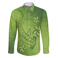 Green Gradient Polynesia Family Matching Off Shoulder Short Dress and Hawaiian Shirt Hawaiian Tribal Hammerhead Shark Tattoo
