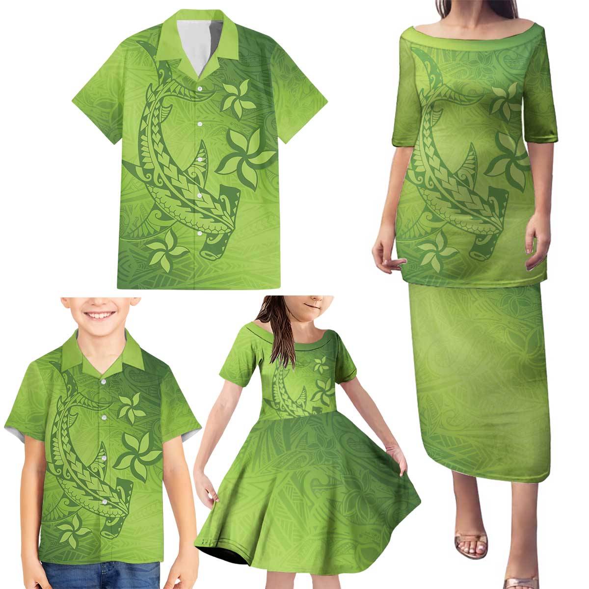 Green Gradient Polynesia Family Matching Puletasi and Hawaiian Shirt Hawaiian Tribal Hammerhead Shark Tattoo